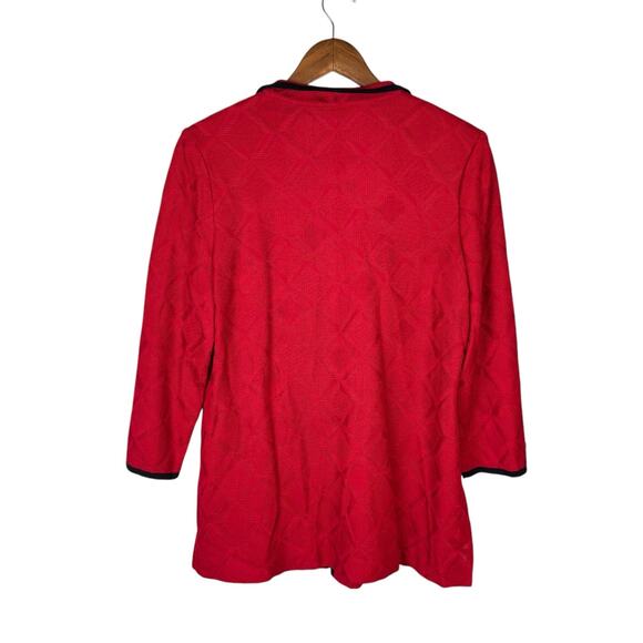 Ming Wang Red Geometric Diamond Knit Black Trim 3/4 Sleeve Cardigan Sweater - Picture 9 of 12